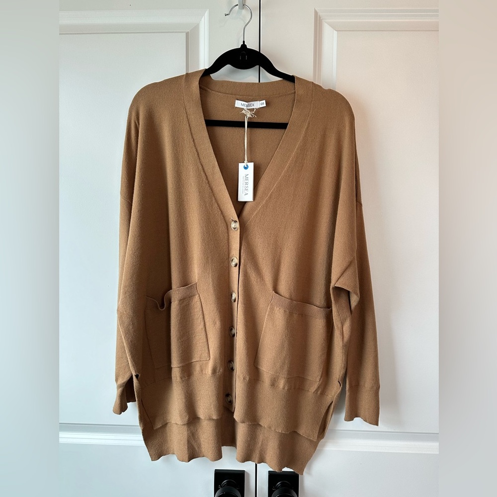 Mersea Anywhere Cardigan V-Neck Button Down Relaxed Caramel Brown NWT (One Size)